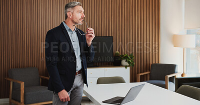 Buy stock photo Thinking, business and man with glasses in office for accounting, reflection and problem solving. Mature person, thoughts and vision with laptop, employee wondering and choice for investment solution