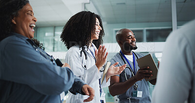 Buy stock photo Happy, doctor or people in hospital with applause, medical breakthrough, success and patient recovery. Healthcare staff, celebration or clapping in clinic for achievement, teamwork or accomplishment.