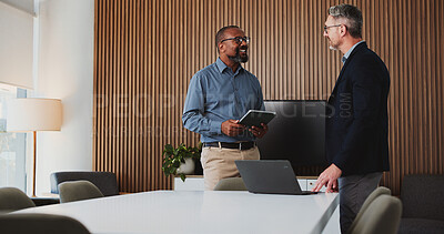 Buy stock photo Laptop, meeting and legal team in office with review, advice or feedback on business project. Collaboration, tech and mature people with attorney, discussion and together for law case research