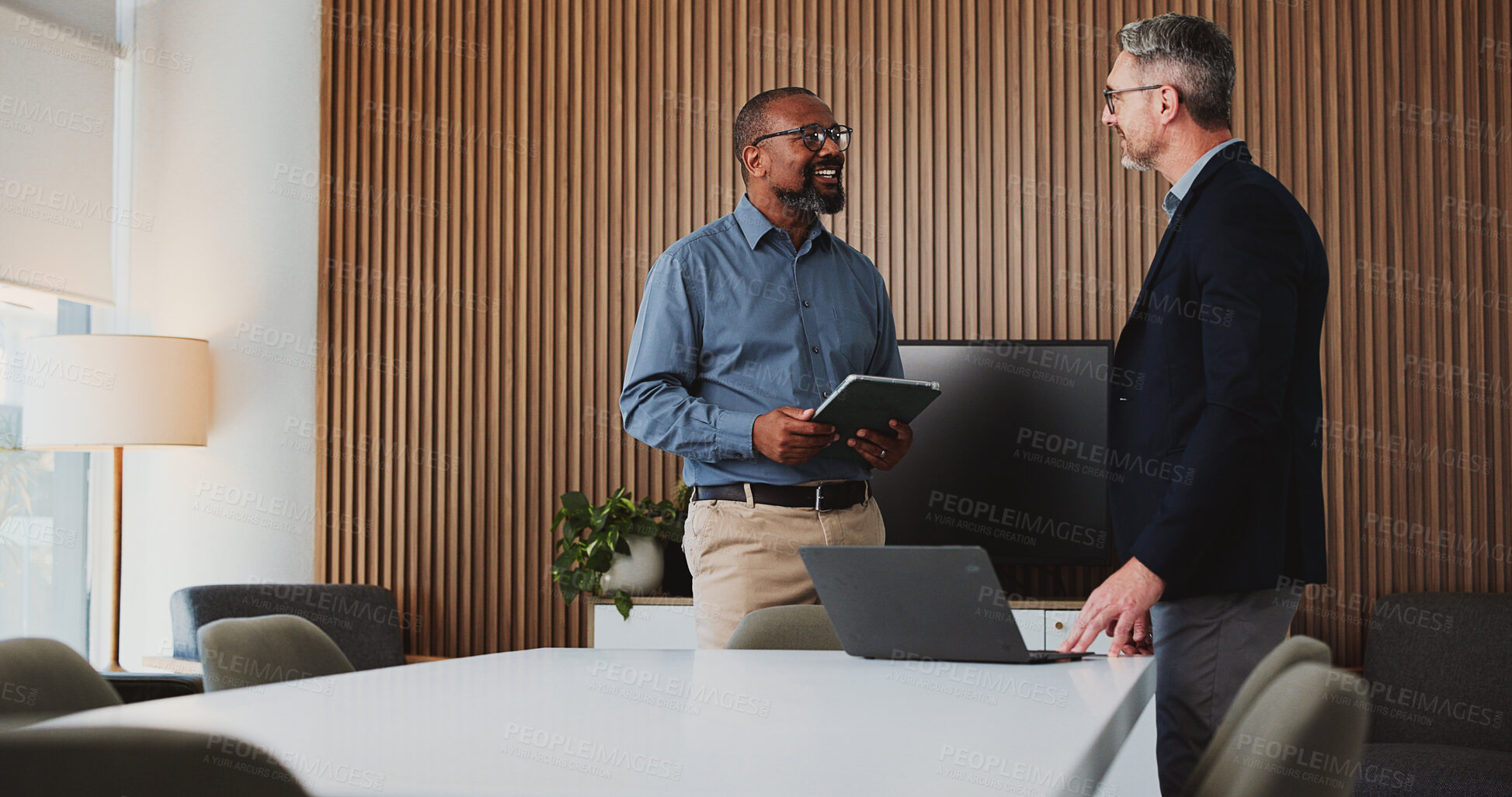 Buy stock photo Laptop, meeting and legal team in office with review, advice or feedback on business project. Collaboration, tech and mature people with attorney, discussion and together for law case research