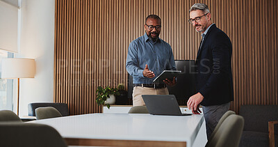 Buy stock photo Tech, meeting and legal team in office with feedback, advice or review on business trial. Collaboration, laptop and tablet with mature people for attorney, discussion and group for law case research