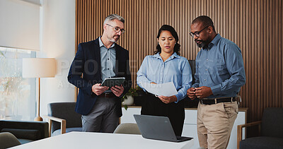 Buy stock photo Office, business people or reading document for review, evaluation or assessment of investment proposal. Meeting, tech or risk management team with trading project form, check profitability or budget