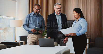 Buy stock photo Office, business meeting or people with document evaluation or assessment of investment proposal. Review, tech or risk management team with trading project plan, check profitability or reading budget