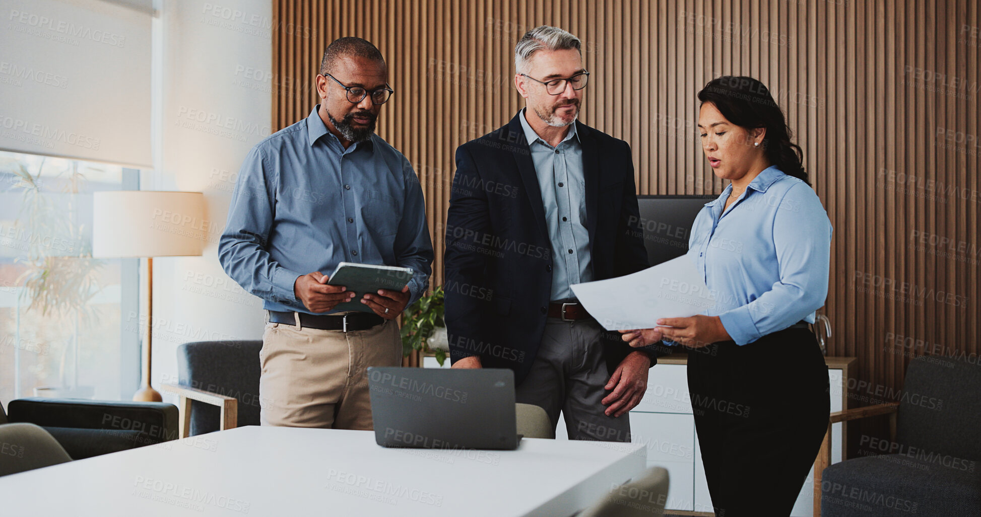 Buy stock photo Office, business meeting or people with document evaluation or assessment of investment proposal. Review, tech or risk management team with trading project plan, check profitability or reading budget