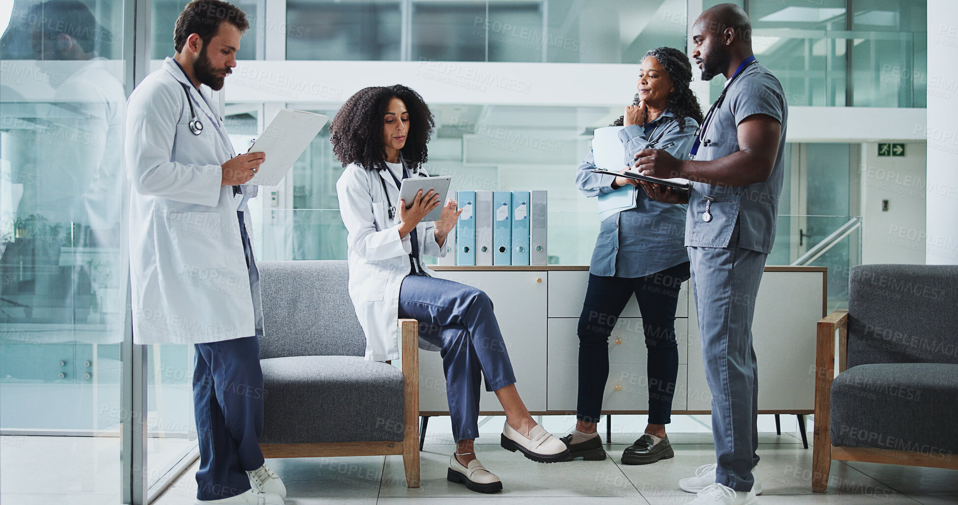 Buy stock photo Doctors, meeting or people with notes in hospital, medical case review or brainstorming for treatment. Healthcare, reading or physician team with reflection of patient info, tablet or diagnosis idea