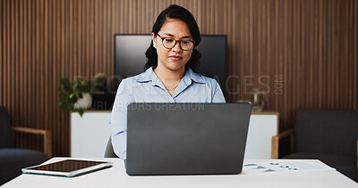 Buy stock photo Laptop, law firm and business woman in office for research, proposal and review for case study in boardroom. Professional, lawyer and person on computer for information, legal strategy and trial prep