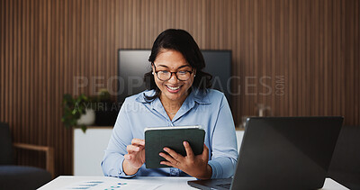Buy stock photo Business, woman and smile with tablet in office for data analysis, finance report and evaluation. Person, tech and document with company performance, financial statistics and comparison of revenue