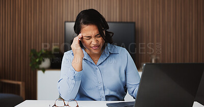 Buy stock photo Asian woman, headache and laptop with stress for deadline, overworked pressure or strain in office. Frustrated, female person or employee with migraine or pain on computer for fatigue or burnout