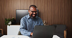 Laptop, lawyer and happy black man in office for research, proposal and review for case study. Professional, law firm and person on computer for information, legal strategy and planning for trial