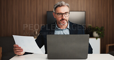 Buy stock photo Mature businessman, accountant or documents with laptop for finance report or expenses in office. Man, accounting or analyst with computer or paperwork for financial planning, budget or revenue
