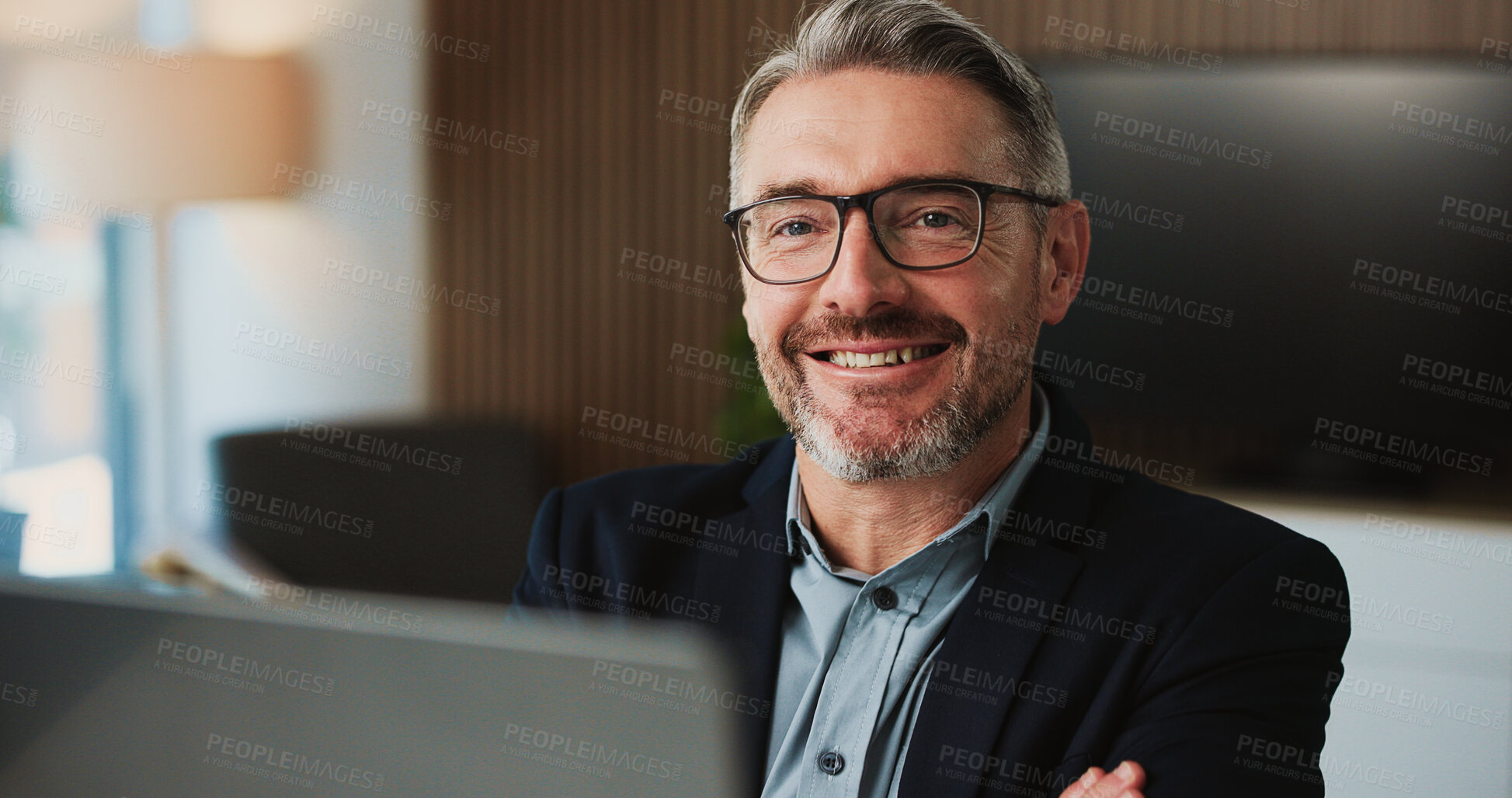 Buy stock photo Portrait, man and happy with laptop, office and attorney with research on website for case or pride. Legal, lawyer and mature person with tech for evidence, confident and smile for trial in Canada