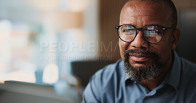 Buy stock photo Reading, business and black man in office for research, finance report and budget planning. Space, glasses and mature person on computer for online proposal, investment review or financial revenue