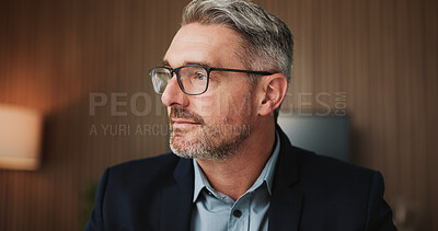 Buy stock photo Office, businessman and lawyer with thinking for legal aid, justice and planning at law firm. Career, mature person and corporate attorney with thoughts for court case, inspiration and advocate