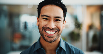 Buy stock photo Journalist, portrait or man in agency with smile, experience or pride in media job. Happy, bokeh or male person in newsroom with confidence, about us or career growth in publishing industry.