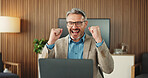 Laptop, excited and businessman in office with fist pump for finance achievement with report. Happy, computer and mature male financial advisor with celebration for investment approval in workplace.