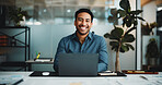 Portrait, laptop and smile with business man in office for research, account review and investor report. Risk analysis, portfolio budget and online audit with person in agency for stock evaluation