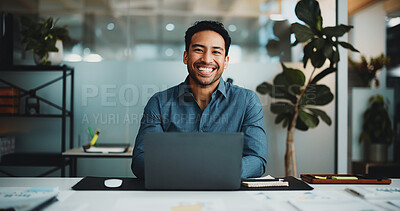 Buy stock photo Portrait, laptop and smile with business man in office for research, account review and investor report. Risk analysis, portfolio budget and online audit with person in agency for stock evaluation