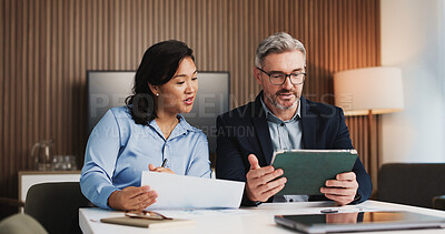 Buy stock photo Documents, tablet and business people in office with discussion for finance report for budget planning. Collaboration, digital technology and manager with financial advisor for investment deal review