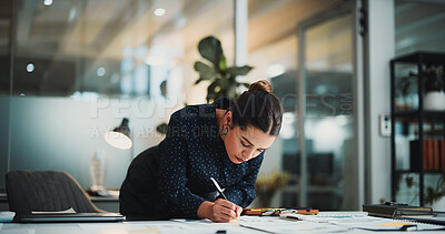 Buy stock photo Creative agency, writing and woman with notebook, project management and idea for article report. Business person, journalist and paperwork in office with checklist, feedback or document for proposal