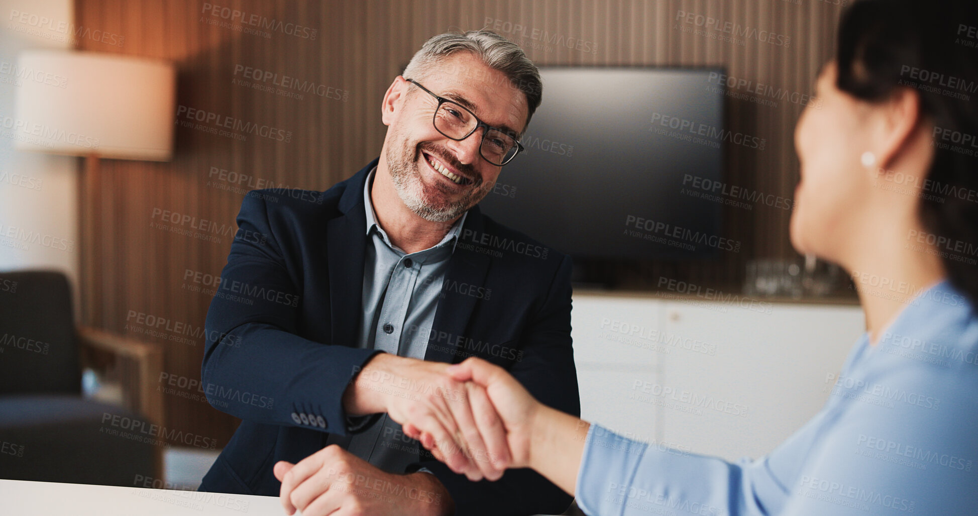 Buy stock photo Shaking hands, deal and business people in office for partnership, agreement or collaboration. Happy, meeting and financial advisor with client for investment contract with handshake in workplace.