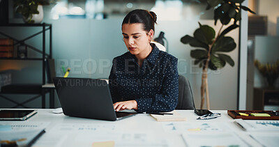 Buy stock photo Typing, laptop and research with business woman in office for planning, account review and investor report. Risk analysis, portfolio budget and online audit with person in agency for stock evaluation