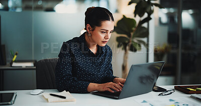 Buy stock photo Laptop, reading or business woman in office for planning, investment model or market earning research. Review, forecasting project or financial analyst typing with pc, performance report or proposal