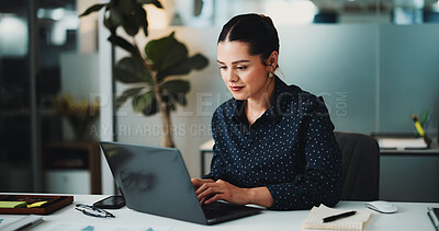 Buy stock photo Business woman, accountant or typing with laptop for finance audit, checklist or expenses in office. Female person, accounting or financial planning with computer or notes for company budget or bills