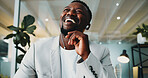 Black man, laughing and thinking in office with earphones, funny podcast and listening to broadcast. Happy, person and audio tech in workplace with reflection, streaming service and radio comedy.