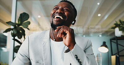 Buy stock photo Black man, laughing and thinking in office with earphones, funny podcast and listening to broadcast. Happy, person and audio tech in workplace with reflection, streaming service and radio comedy.