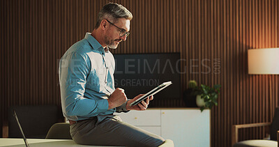 Buy stock photo Tablet, research and mature businessman in office for finance report with budget review. Digital technology, reading and male financial manager with email for investment proposal in workplace.