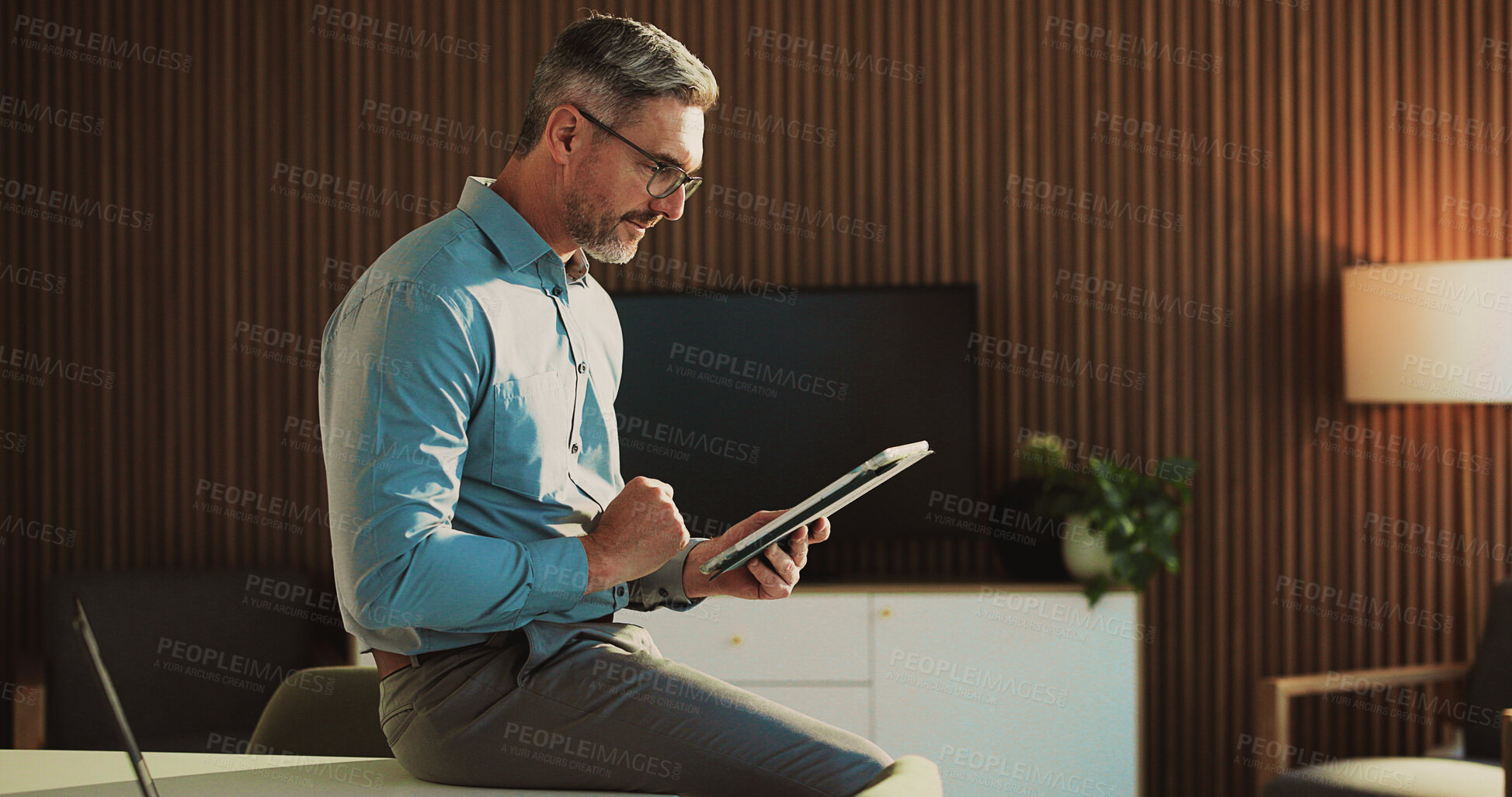 Buy stock photo Tablet, research and mature businessman in office for finance report with budget review. Digital technology, reading and male financial manager with email for investment proposal in workplace.