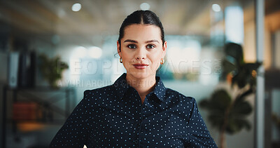 Buy stock photo Journalist, portrait or woman in office with pride, experience or job goals in media profession. Serious, bokeh or female person in agency with confidence, ambition or career in publishing industry.