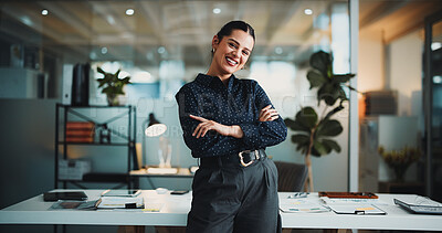 Buy stock photo Portrait, arms crossed and professional with business woman for about us, stock broker advisor and pride. Happy, bokeh and financial consultant with person in agency for career and opportunity