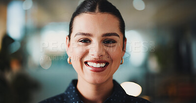 Buy stock photo Journalist, portrait or woman in office with smile, experience or job goals in media profession.  Space, bokeh or female person in agency with confidence, ambition or career in publishing industry