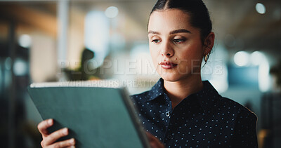 Buy stock photo Journalist, reading or woman with tablet in creative agency, check publication app or online newspaper. Review article, source verification or reporter research with tech, story or feature evaluation