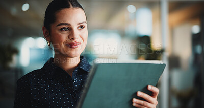 Buy stock photo Tablet, thinking and smile with business woman in office for reflection, news story vision and perspective. Journalist idea, publication research and memory with person and tech in agency for review