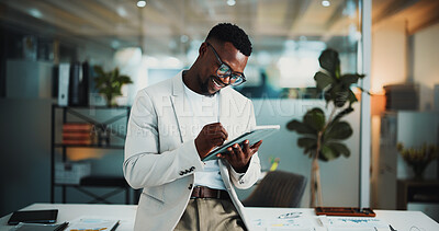 Buy stock photo Happy, businessman and scroll in office with tablet for reading financial report, email or feedback. Black person, smile and browse in workplace with tech for budget proposal, finance plan or update.
