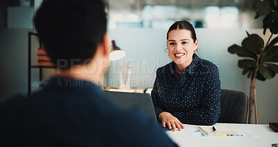 Buy stock photo Interview, woman and people in office with laptop for recruitment, finance career or hiring offer. Employer, job candidate and discussion in workplace with computer, onboarding or financial business.