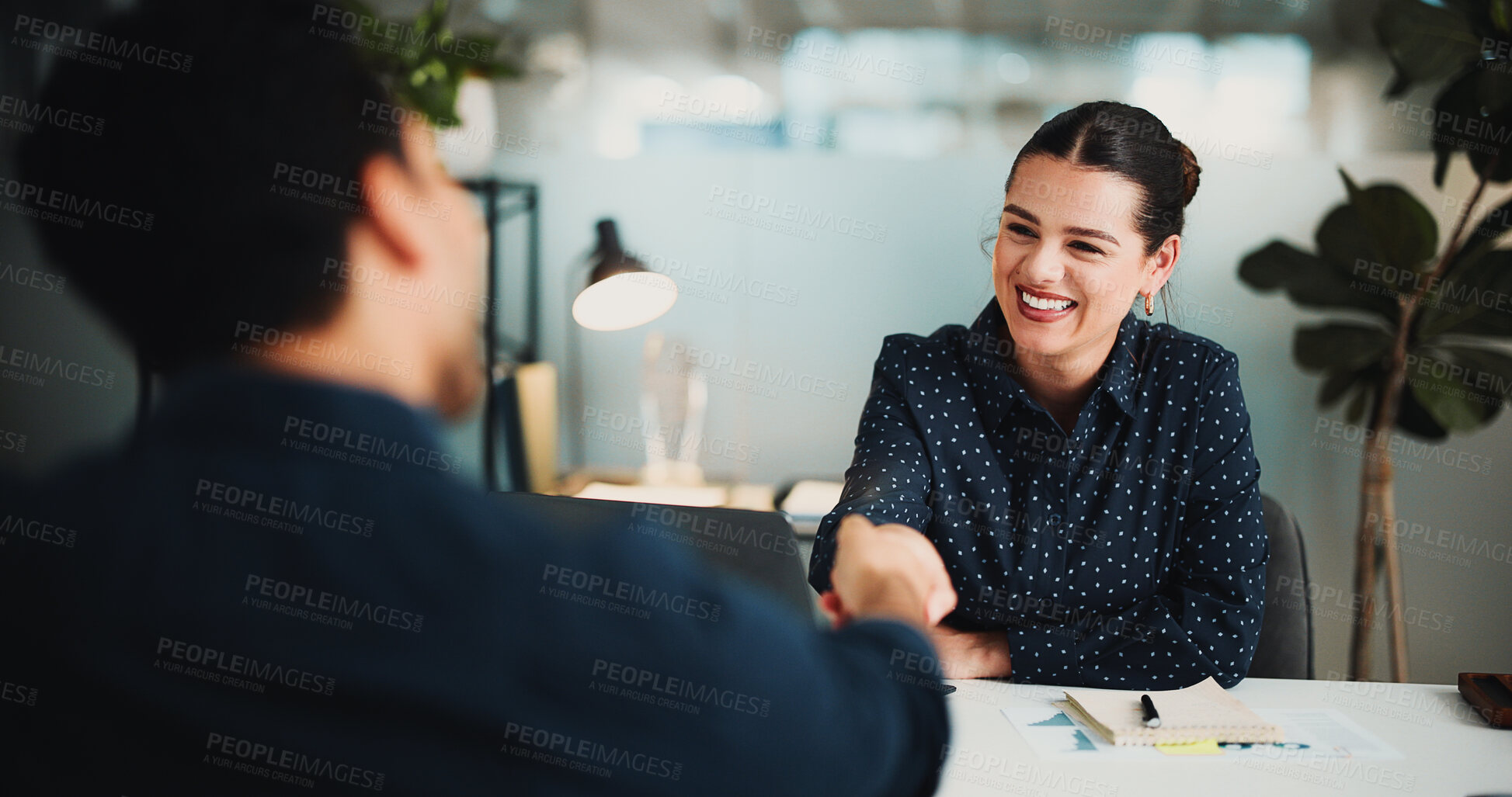 Buy stock photo Interview, woman or people in office with handshake for recruitment, financial agreement or contract. Employer, job candidate or shaking hands in workplace with smile, onboarding or finance approval.