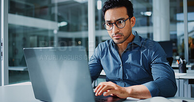 Buy stock photo Office, reading and business man on laptop for financial review, investment research and website. Corporate, glasses and person on computer for finance report, budget planning and expense analysis