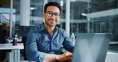 Buy stock photo Businessman, portrait and smile in office with laptop, pride and bookkeeping as accountant. Male person, glasses and tech for finance agency, banking and investment opportunity for payroll in job