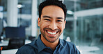 Happy businessman, portrait and web designer with pride in office for career change or development. Man, employee or developer with smile for job growth, improvement or opportunity in workplace