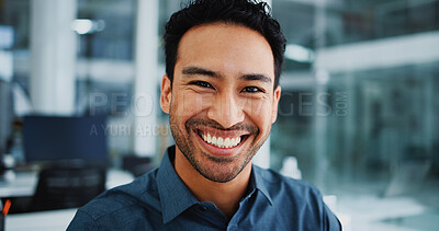 Buy stock photo Happy businessman, portrait and web designer with pride in office for career change or development. Man, employee or developer with smile for job growth, improvement or opportunity in workplace