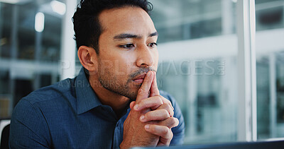 Buy stock photo Thinking, man and research with laptop, office and financial planning for annual budget and ambition. Business, accountant and person with tech for risk management, space and reflection for revenue