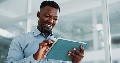 Buy stock photo Black man, tablet and smile in office with report, pride and bookkeeping as accountant. Business person, management and tech for finance agency, banking and investment opportunity for payroll in job