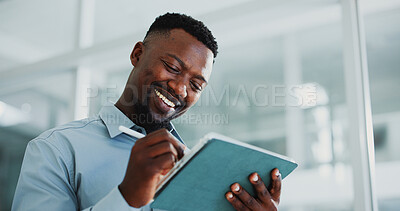 Buy stock photo Black man, tablet and smile in office with stylus, report and bookkeeping as accountant. Business person, management and tech for finance agency, app and investment opportunity for payroll in job