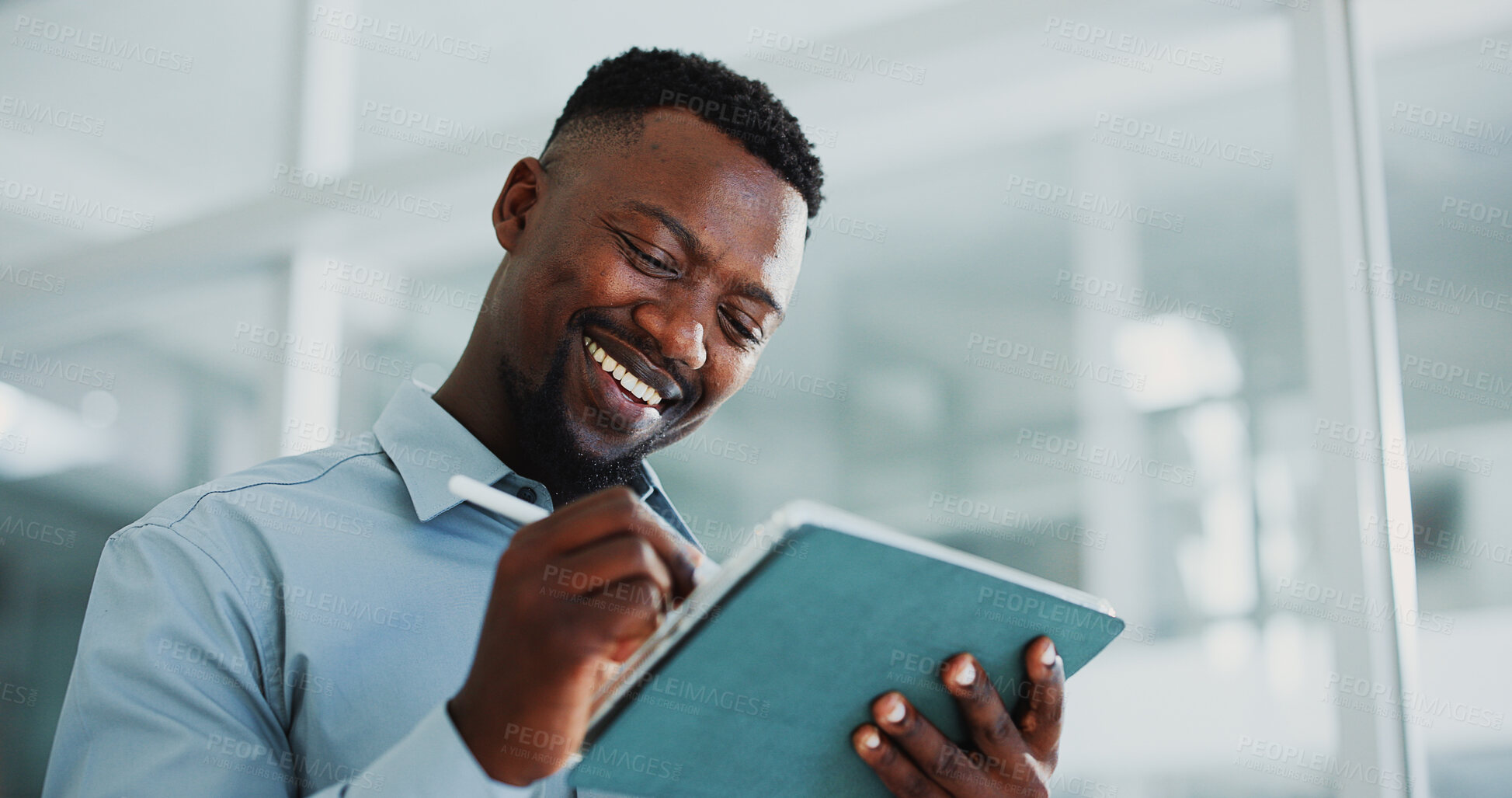 Buy stock photo Black man, tablet and smile in office with stylus, report and bookkeeping as accountant. Business person, management and tech for finance agency, app and investment opportunity for payroll in job