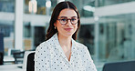 Business woman, portrait and smile in office with laptop, pride and bookkeeping as accountant. Female person, glasses and tech for finance agency, banking and investment opportunity for payroll job