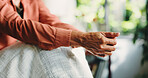 Thinking, anxiety and hands of woman in home for mental health, nervous and ptsd recovery. Trauma rehabilitate, reflection and grief memory with person in apartment for stress, worry and crisis