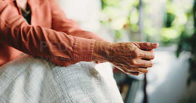 Buy stock photo Thinking, anxiety and hands of woman in home for mental health, nervous and ptsd recovery. Trauma rehabilitate, reflection and grief memory with person in apartment for stress, worry and crisis